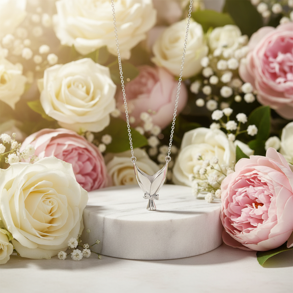 Necklace on natural pedestal surrounded by flowers