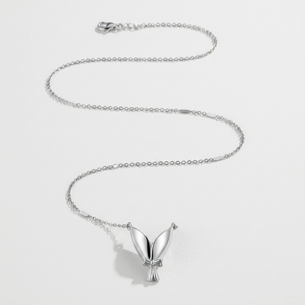 Silver bouquet necklace flat lay display